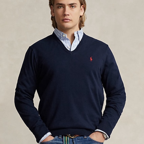Polo Ralph Lauren Navy Cotton V-Neck Sweater Sz XL Red Pony - Picture 1 of 15